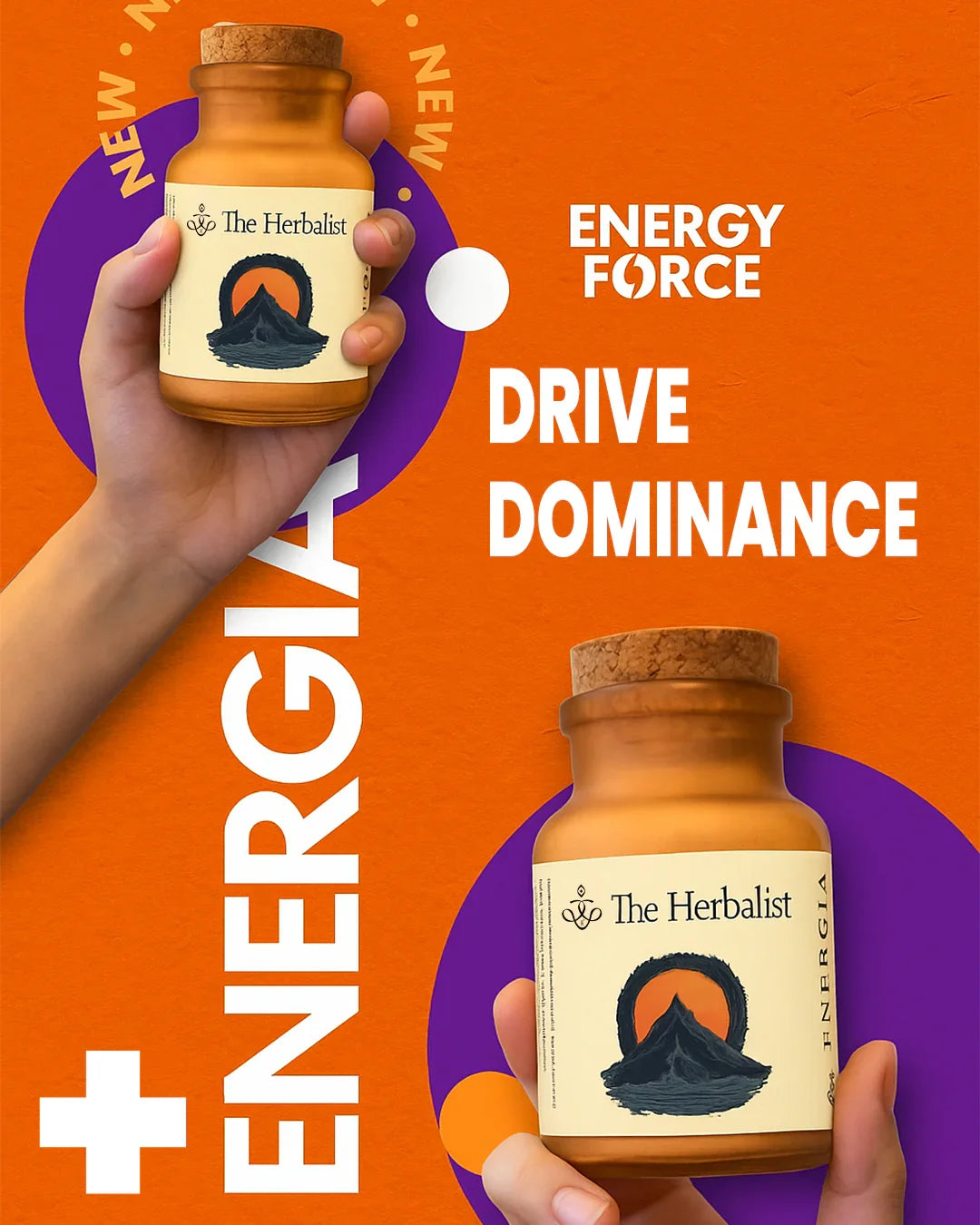 Hand holding The Herbalist energy supplement bottle, orange background with bold text and graphics