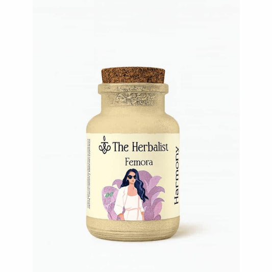 Herbal supplement jar labeled Femora with cork lid, illustration of woman, and the word Harmony