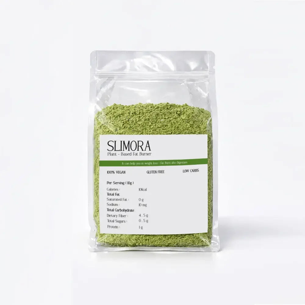 Slimora plant-based green powder in a clear resealable pouch, vegan gluten-free supplement