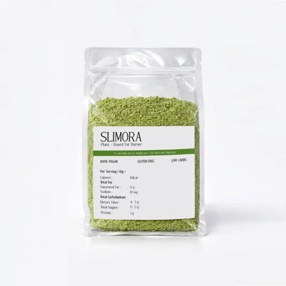 Slimora plant-based green powder in a clear resealable pouch, vegan gluten-free supplement