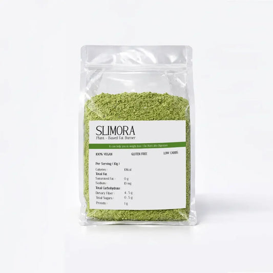 Slimora plant-based green powder in a clear resealable pouch, vegan gluten-free supplement