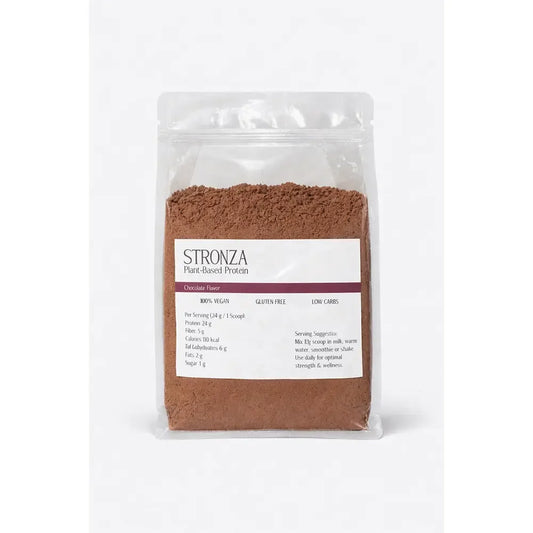 Chocolate flavored plant-based protein powder in a clear resealable bag