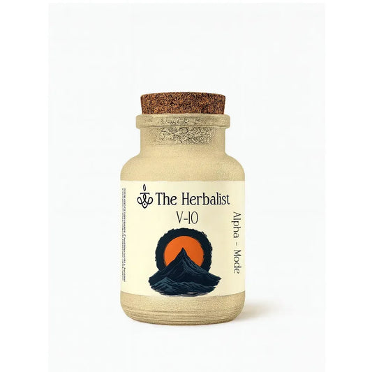 Glass jar with cork lid labeled The Herbalist V-10 Alpha Mode, mountain and sun design