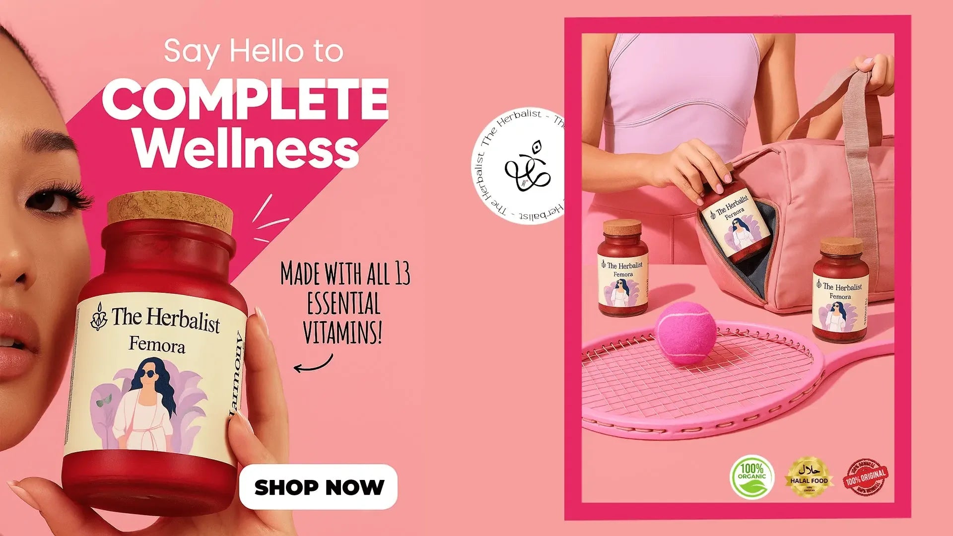 Woman holding The Herbalist Femora vitamins bottle, pink wellness theme, gym bag, tennis items