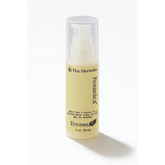 Botanical serum bottle with pump labeled Tresse, 1 oz, on white background