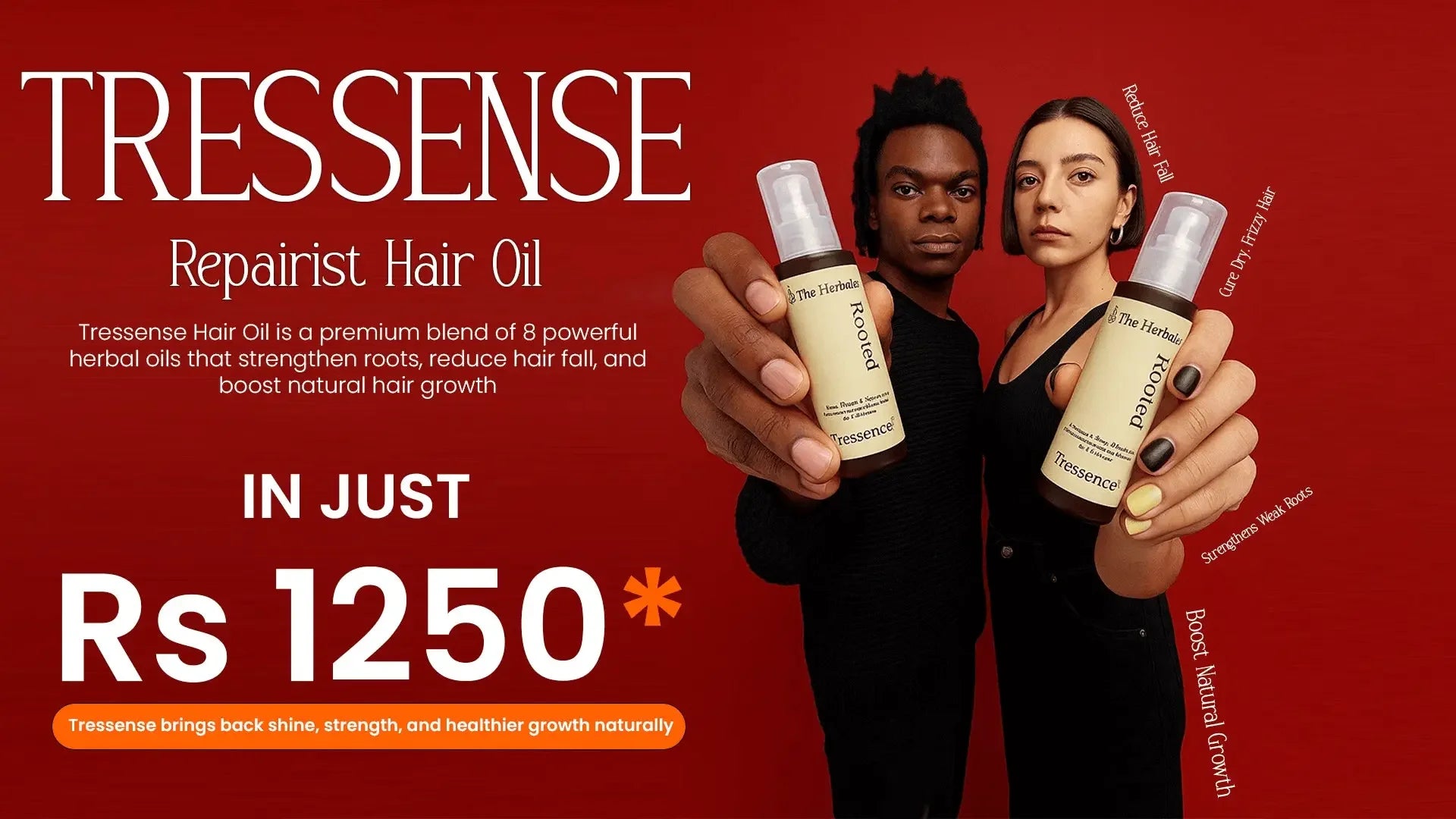 Two people holding Tressense Repairist Hair Oil bottles against red background, promoting herbal hair oil for root strengthening, reduced hair fall, and natural growth.