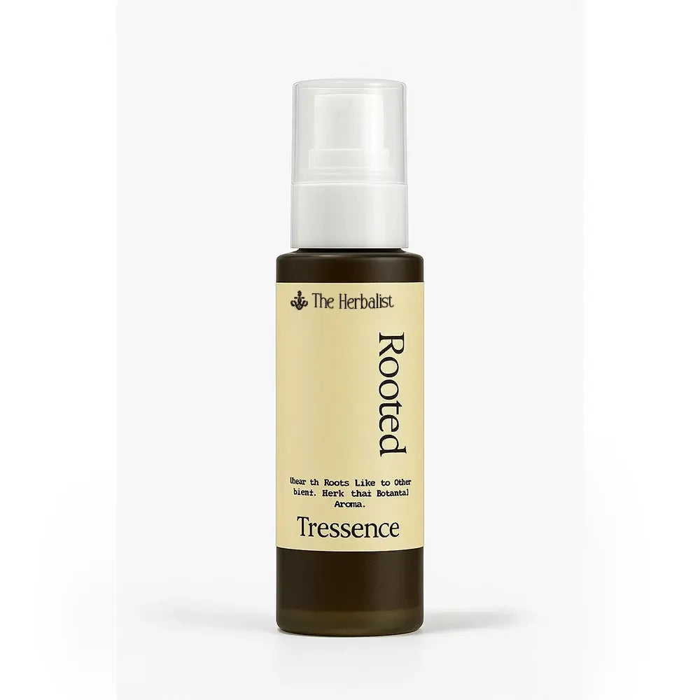 Herbalist Rooted Tressence hair spray bottle with botanical ingredients on white background