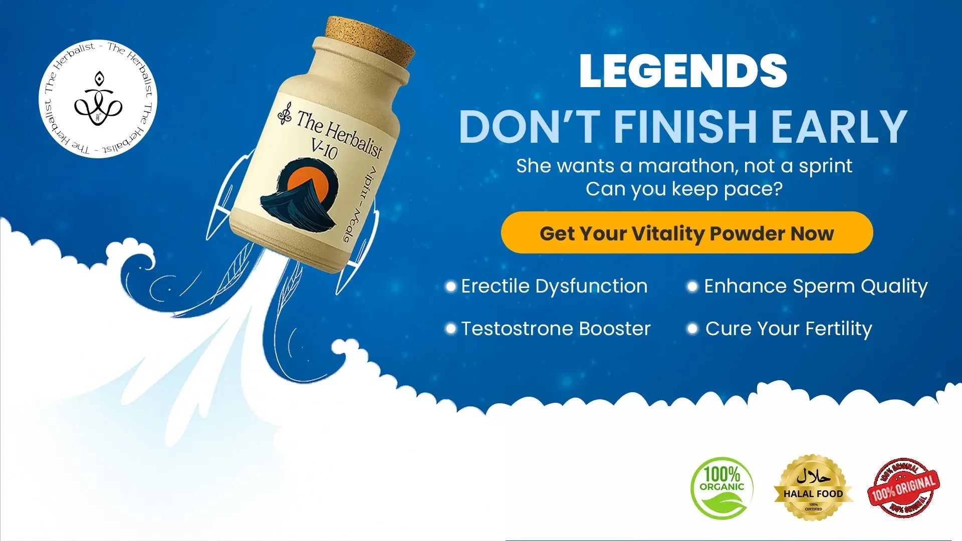 Herbal vitality supplement bottle with rocket boost, benefits for men's health and fertility.